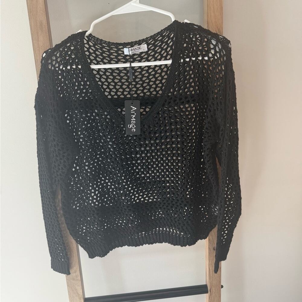 Aimage Black Mesh Sweater S NWT